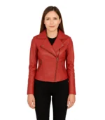 A vibrant red leather biker jacket for men featuring a snap-tab racing collar, black accent panels, and silver zippered pockets.