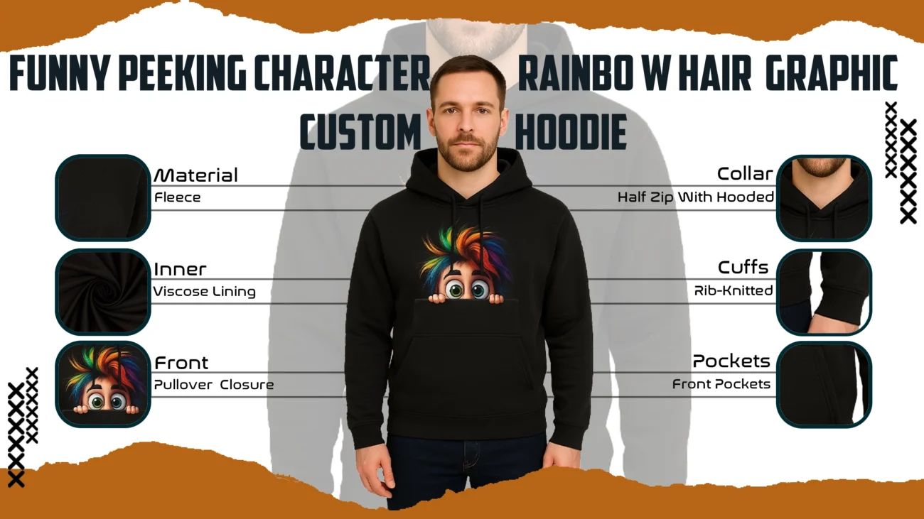 Funny Peeking Character Rainbow Hair Graphic Custom Hoodie