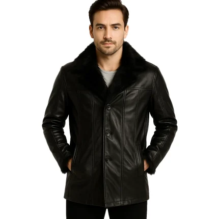 Furcliff Black Leather Coat