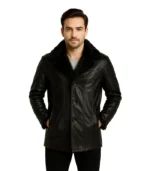A men’s Furcliff black leather coat featuring a heavy-duty quilted design, a voluminous faux-fur collar, and a rugged mid-length fit.