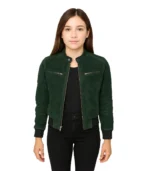 A product video of a men’s green suede bomber jacket featuring a rich emerald finish, ribbed-knit trim, and a high-quality silver zip closure.