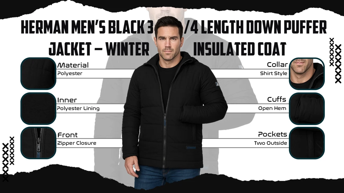 Herman Men’s Black 3\4 Length Down Puffer Jacket
