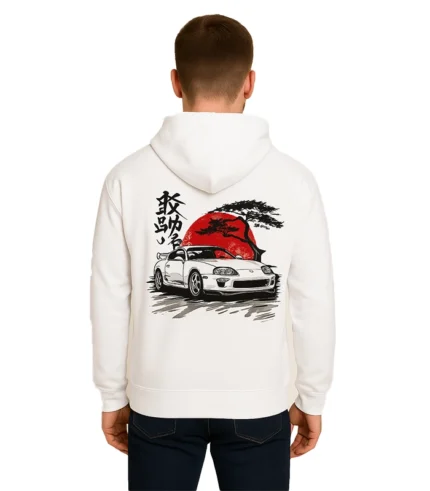 JDM Street Supra White Custom Hoodie – White Japanese Car Graphic Pullover