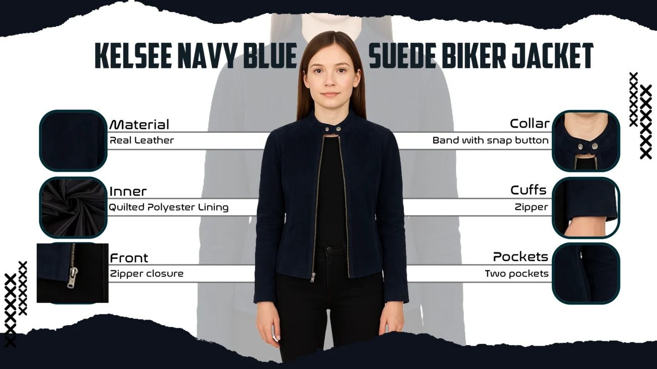 Kelsee Navy Blue Suede Biker Jacket
