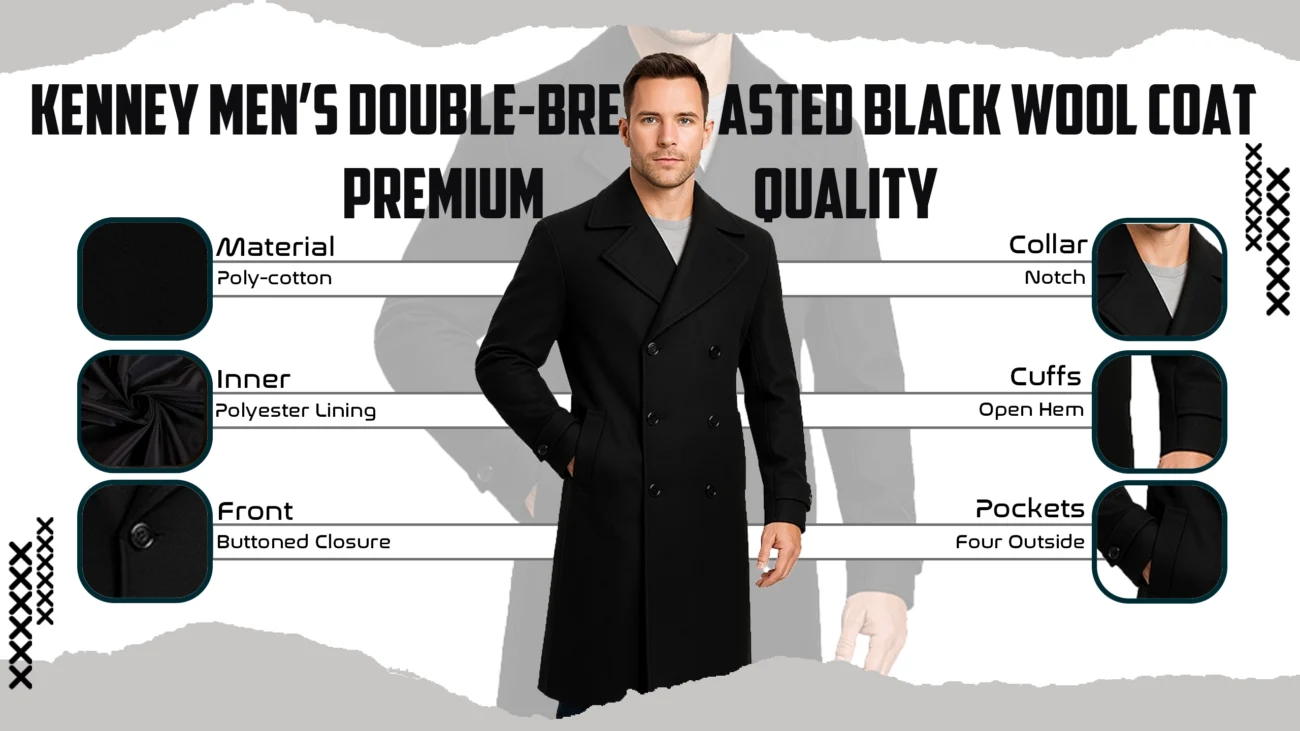 Kenney Men’s Double-Breasted Black Wool Coat