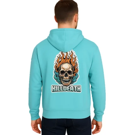 Killdeath Skull Custom Hoodie – Blue Fire Graphic Street Pullover