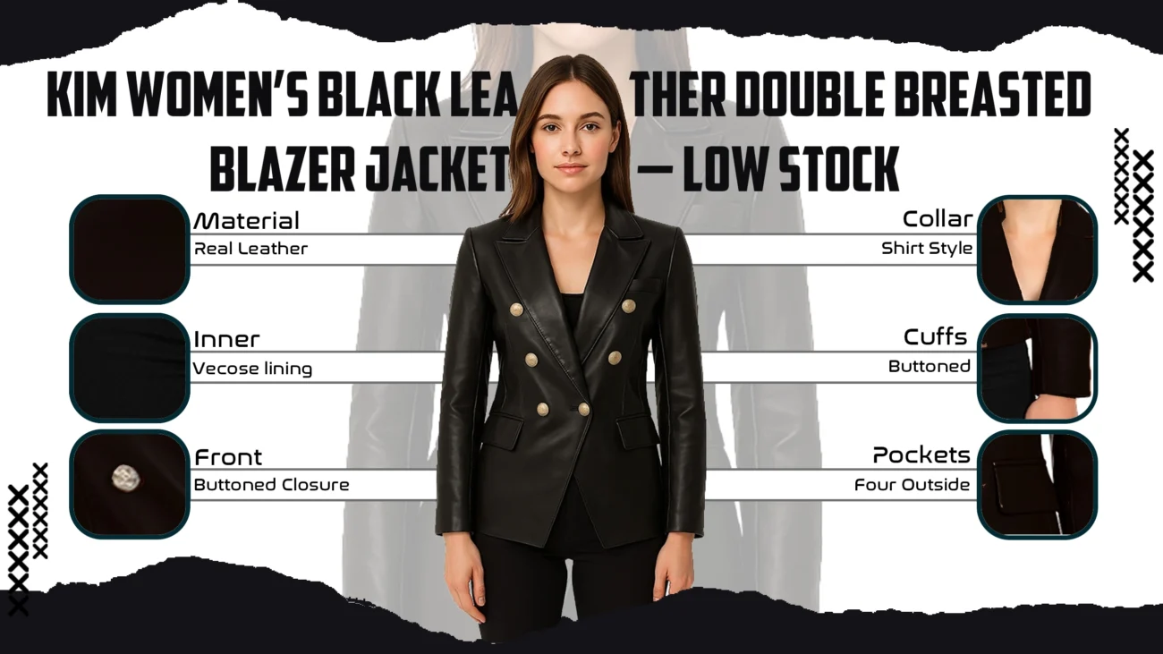 Kim Women's Black Leather Double Breasted Blazer Jacket
