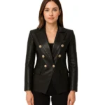 Kim Women’s Black Leather Double Breasted Blazer Jacket — Low Stock