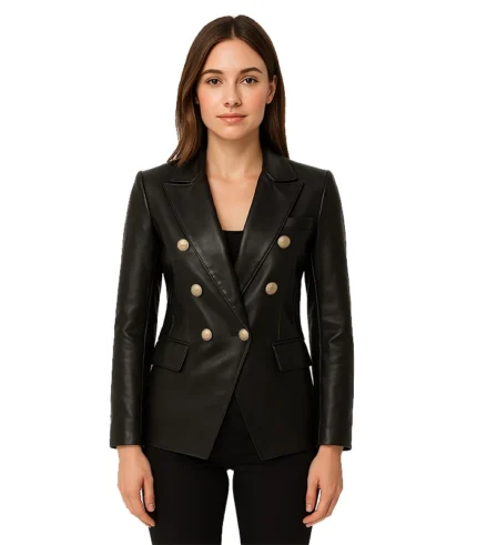 Kim Women’s Black Leather Double Breasted Blazer Jacket — Low Stock