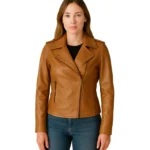 Kirsten Women’s Asymmetrical Camel Brown Real Leather Jacket