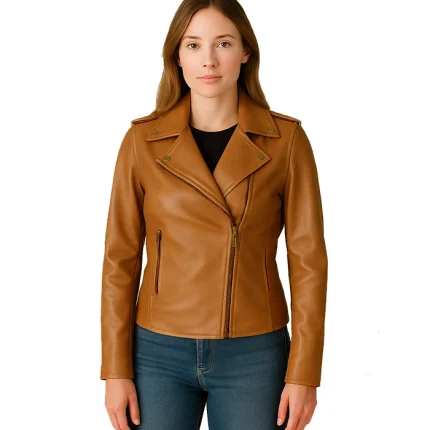Kirsten Women’s Asymmetrical Camel Brown Real Leather Jacket