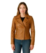 Women’s Kirsten camel brown leather jacket featuring a modern asymmetrical zipper closure, wide lapels, and a soft genuine leather finish.