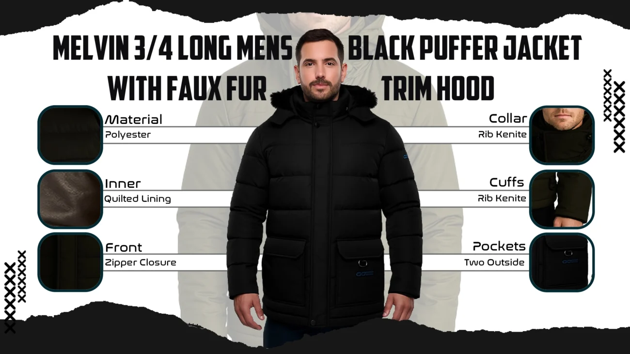 Melvin 3 4 long Mens Black Puffer Jacket