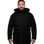 Melvin 3/4 long Mens Black Puffer Jacket With Faux Fur Trim Hood