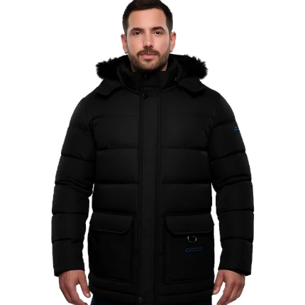 Melvin 3/4 long Mens Black Puffer Jacket With Faux Fur Trim Hood
