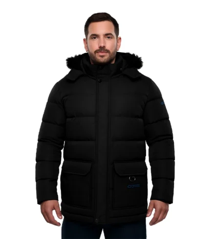 Melvin 3/4 long Mens Black Puffer Jacket With Faux Fur Trim Hood