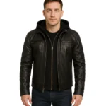 Men Black Leather Racer Jacket with Removable Hoodie