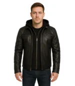 Men Black Leather Racer Jacket with Removable Hoodie