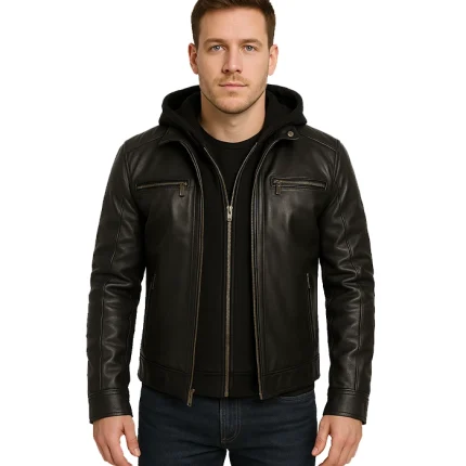 Men Black Leather Racer Jacket with Removable Hoodie