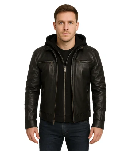 Men Black Leather Racer Jacket with Removable Hoodie