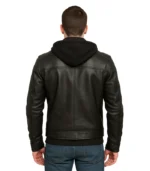 Men Black Leather Racer Jacket with Removable Hoodie