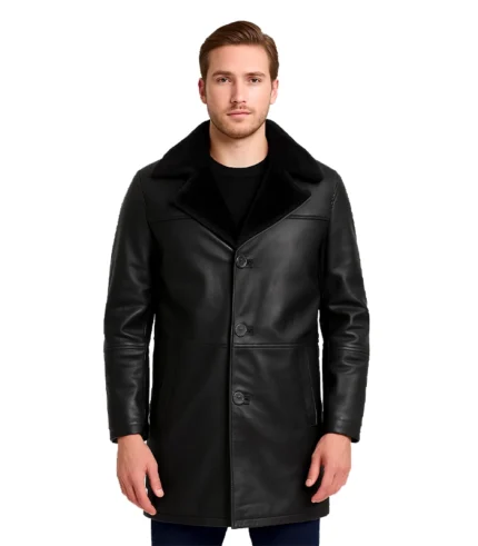 Men’s Black 3/4 Length Shearling Leather Coat