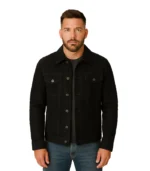 Men’s black cafe racer jacket in genuine suede featuring a snap-tab collar, central zipper closure, and a sleek, streamlined fit.