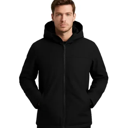 Men’s Black Hooded Wool Coat | Zip-Up Winter Warmth
