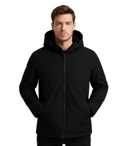 Men’s Black Hooded Wool Coat | Zip-Up Winter Warmth