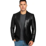 Mens Black Leather Blazer Jacket – Stylish Two Button Notch Lapel Blazer