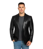 Mens Black Leather Blazer Jacket – Stylish Two Button Notch Lapel Blazer