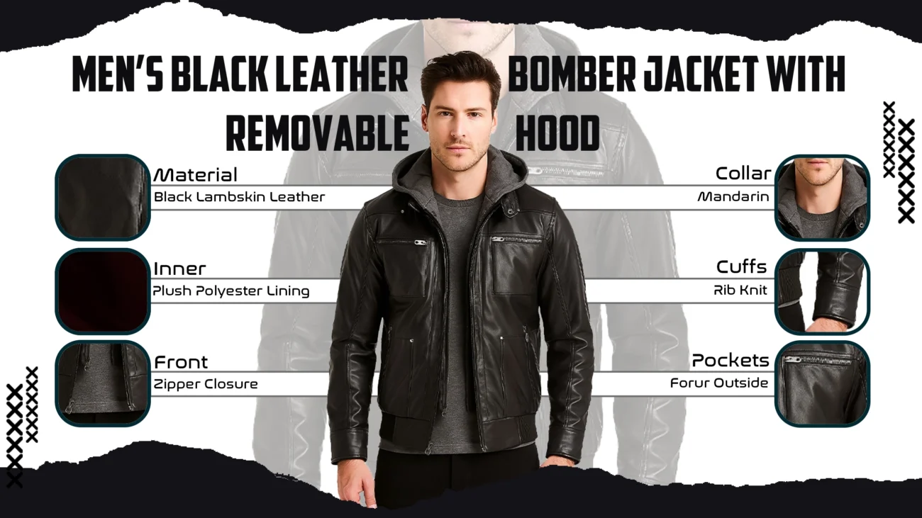 Men's Black Leather Bomber Jacket with Removable Hood