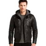 Men’s Black Leather Bomber Jacket with Removable Hood