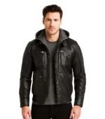 Men’s Black Leather Bomber Jacket with Removable Hood
