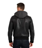 Men’s Black Leather Bomber Jacket with Removable Hood