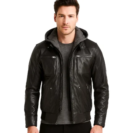 Men’s Black Leather Bomber Jacket with Removable Hood