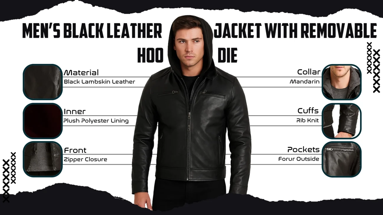 Men's Black Leather Jacket with Removable Hoodie