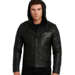 Men’s Black Leather Jacket with Removable Hoodie