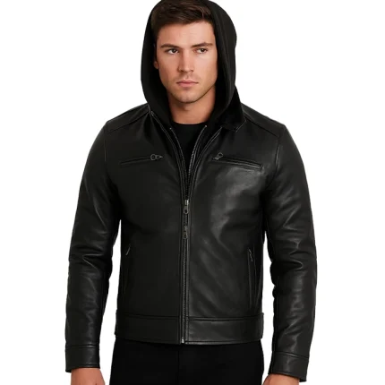 Men’s Black Leather Jacket with Removable Hoodie