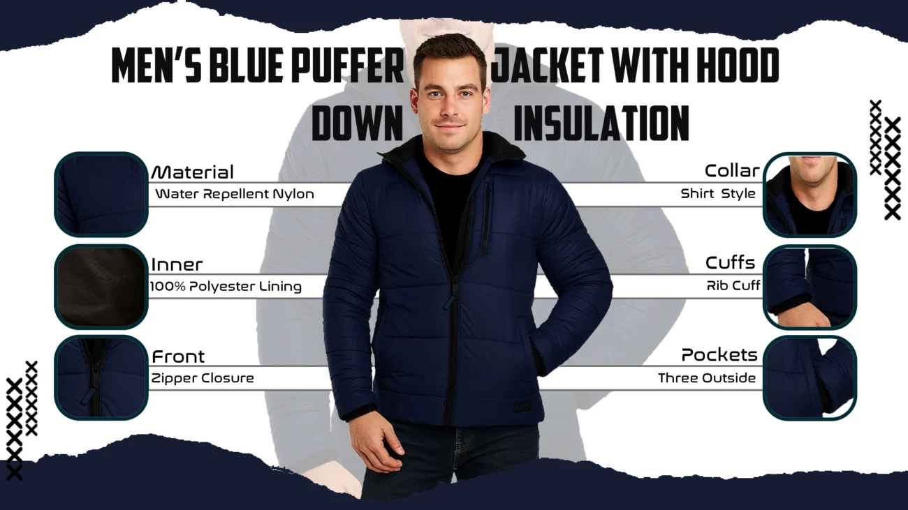 Men’s Blue Puffer Jacket with Hood