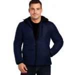 Men’s Blue Puffer Jacket with Hood – Down Insulation