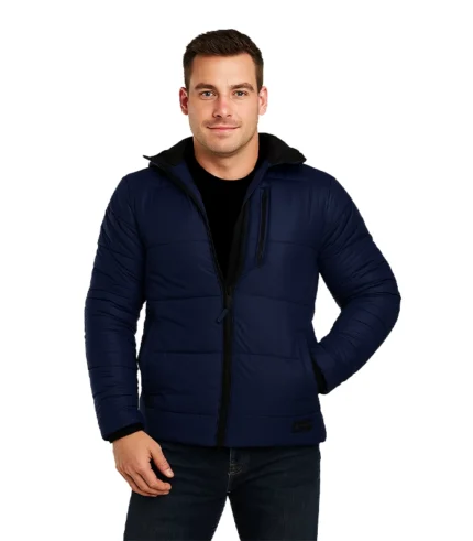 Men’s Blue Puffer Jacket with Hood – Down Insulation