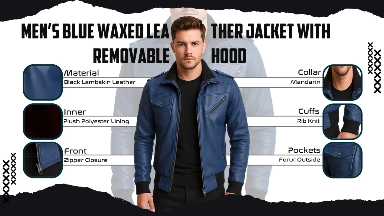 Men's Blue Waxed Leather Jacket with Removable Hood