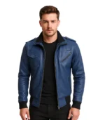 Men’s Blue Waxed Leather Jacket with Removable Hood