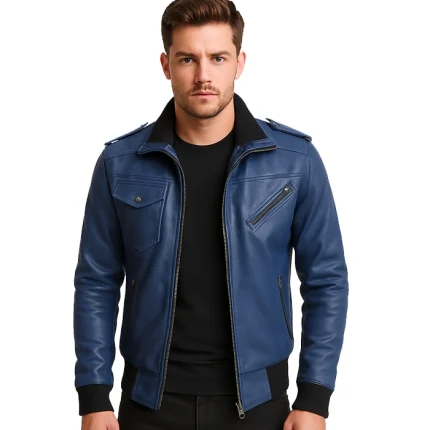 Men’s Blue Waxed Leather Jacket with Removable Hood