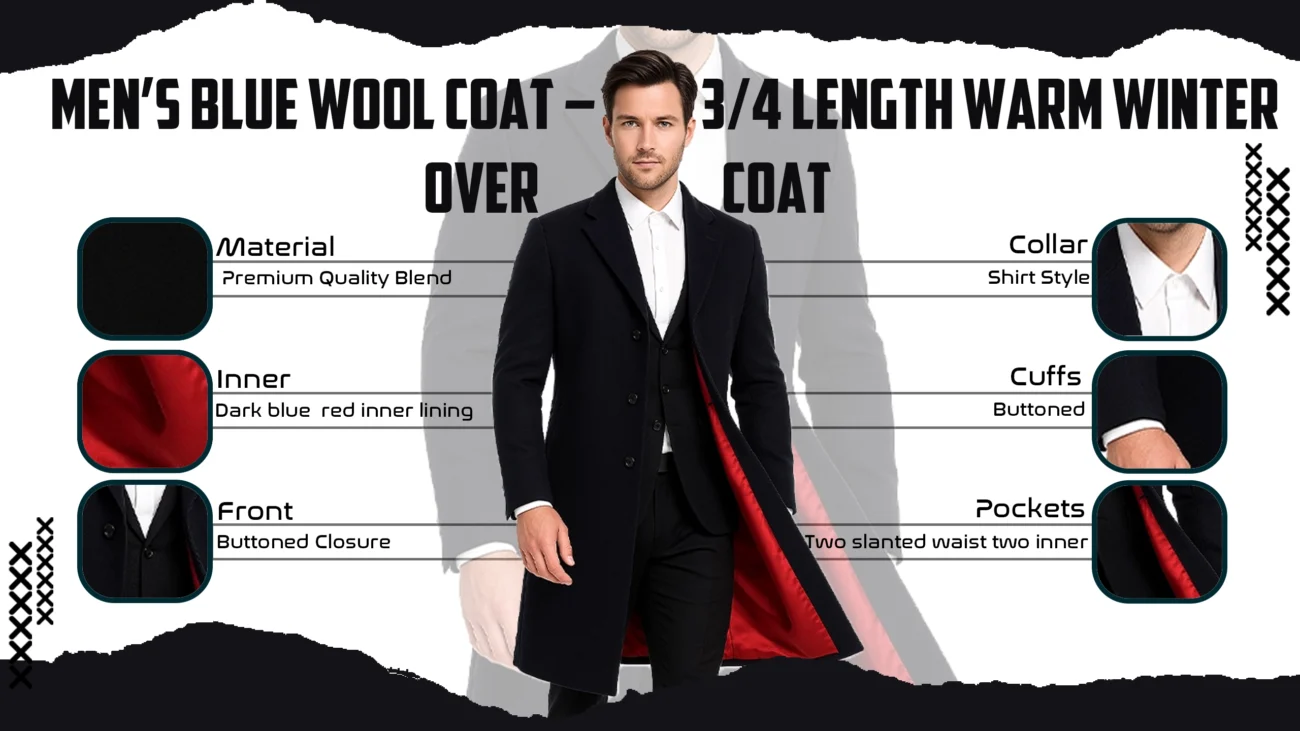 Men’s Blue Wool Coat – 3/4 Length Warm Winter Overcoat