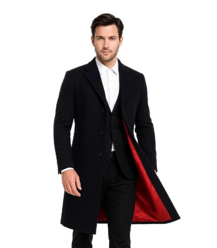 Men’s Blue Wool Coat – 3/4 Length Warm Winter Overcoat