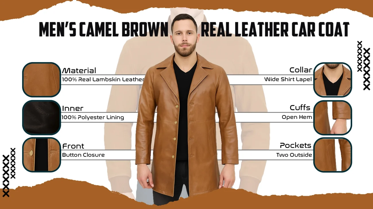 Men’s Camel Brown Real Leather Car Coat