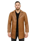 A men’s camel brown car coat crafted from real leather, featuring a tailored 3/4 length, notched lapels, and a smooth, polished finish.