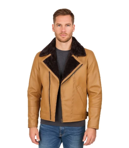 Men’s Camel Brown Shearling Moto Leather Jacket